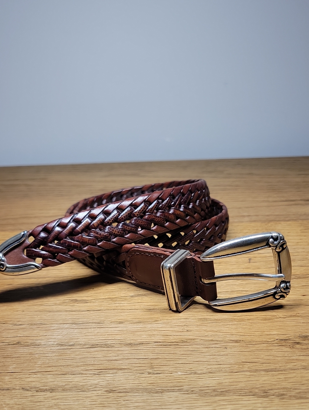 VTG Fossil Braided Leather Belt Brown Woven Silver Ornate Western Buckle Small